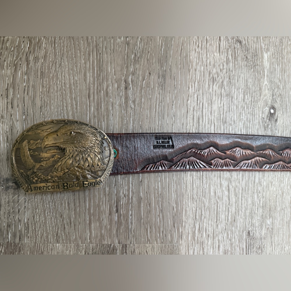 HANDMADE tooled leather belt with eagle nature design bronze buckle 46”